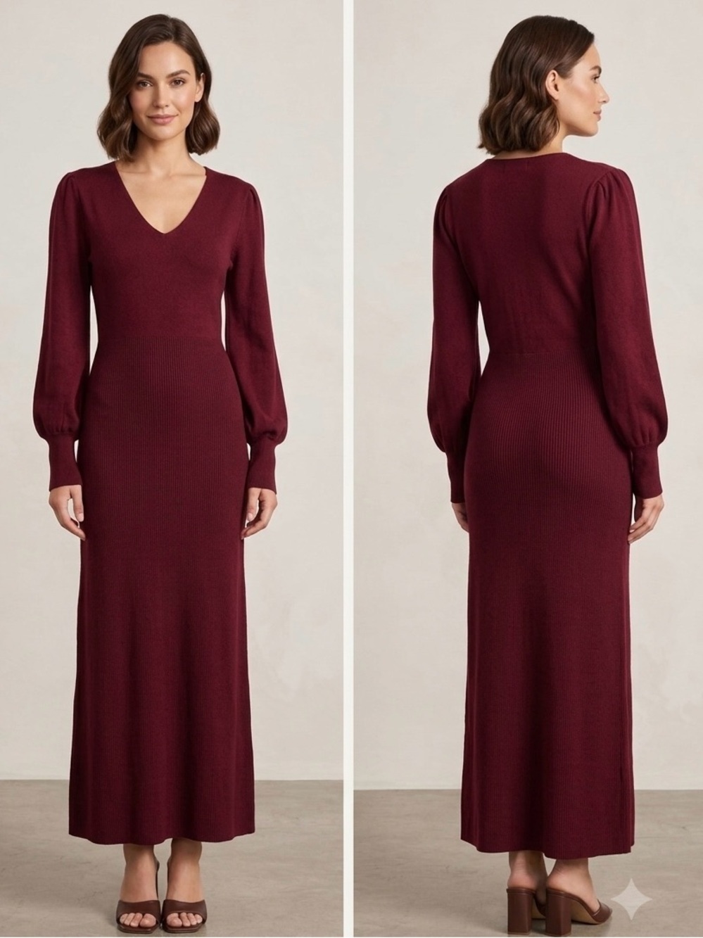 V-Neck Long Sleeve Maxi Dress — Burgundy